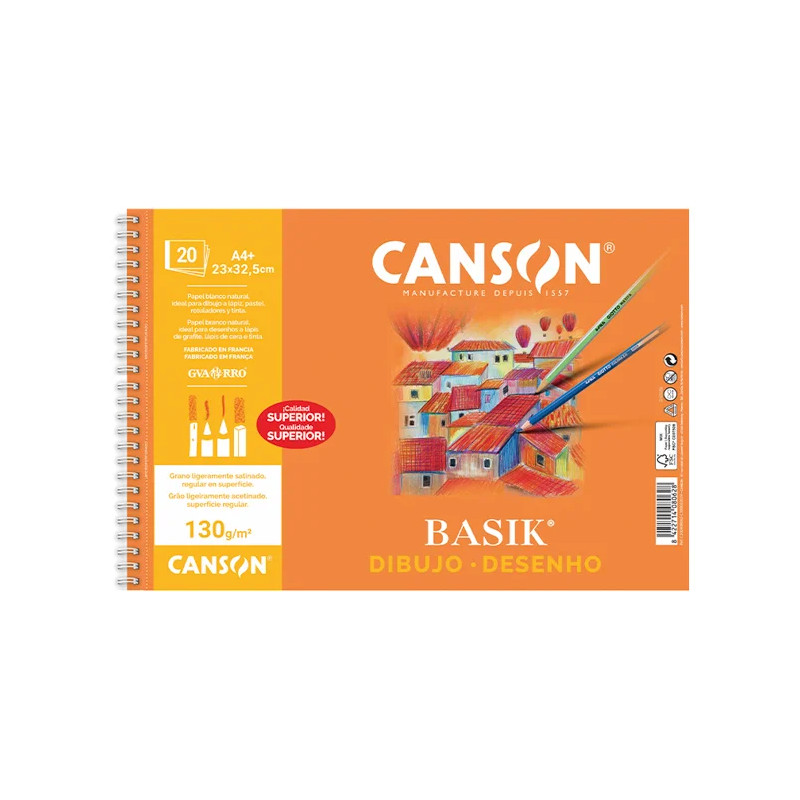 Bloc de Dibujo Canson Basik A4+ Espiral 20 Hojas 130g. Liso