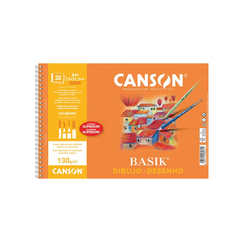 Bloc de Dibujo Canson Basik A4+ Espiral 20 Hojas 130g. Recuadro