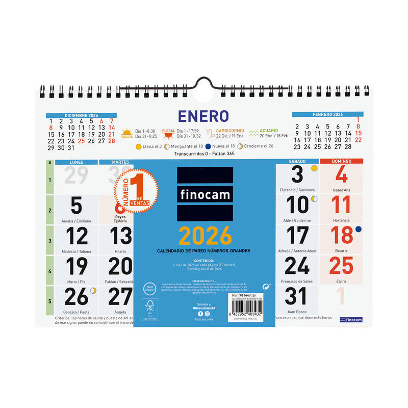 2026 * Calendario Pared Color Numeros Grandes M 30X21