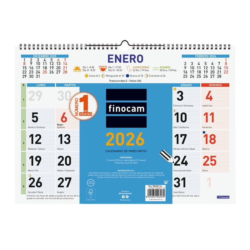 2026 * Calendario Pared Color Mixto L 43X31