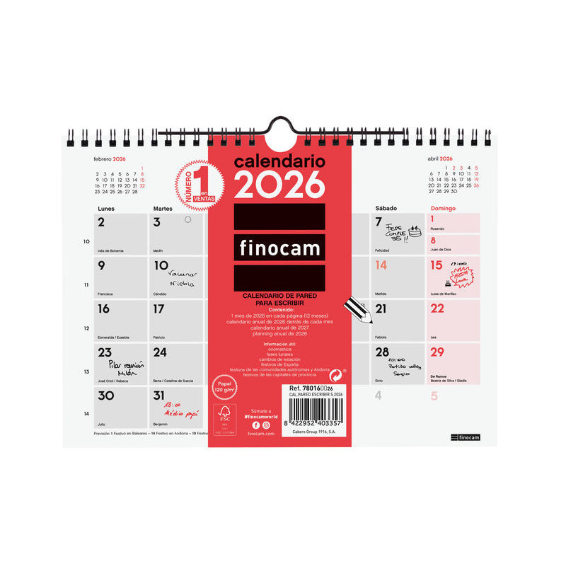 2026 * Calendario Pared Escribir S